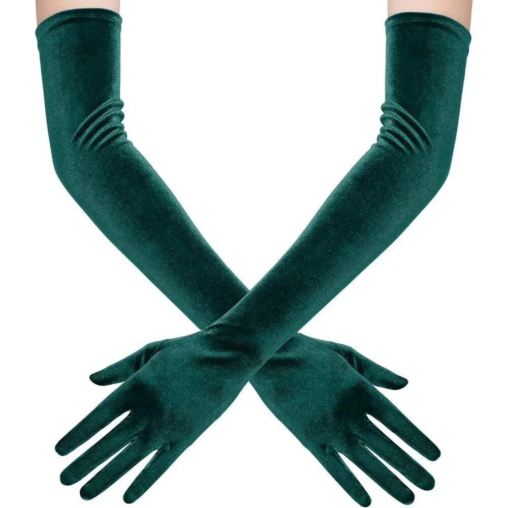 Women's Velvet Green Long Gloves Elbow Flapper Costume Party Tea Accessories